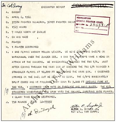 Encounter report - 08 April 1944 - 13021832 - O&803481 1st. Lt. Alton Bassler Snyder Jr.