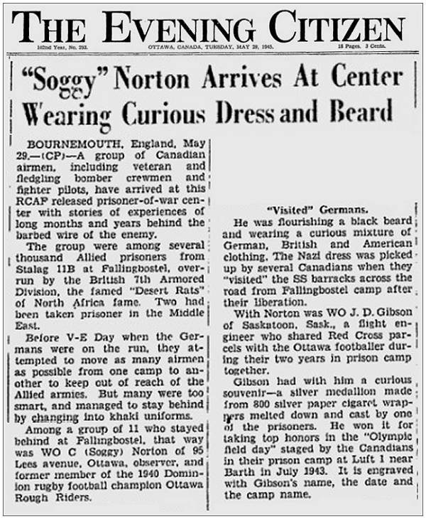 The Evening Citizen, Ottawa, Canada - Tuesday, May 29, 1945 - page 9
       'Soggy' Norton Arrives At Center Wearing Curious Dress and Beard