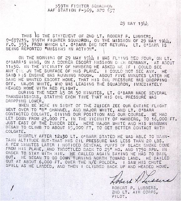 Statement - 2nd  Lt. Robert P. Lubbers - 29 May 44