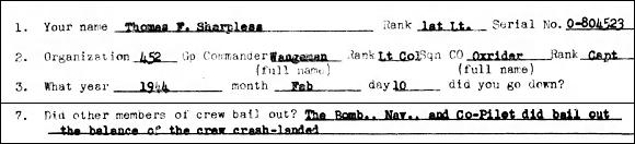 MACR - page 14 - casualty questionaire - 1st Lt. Thomas F Sharpless