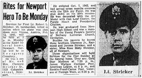 Rites for Newport Hero to be Monday 31 Apr 1950 - 1st Lt. - Bombardier - Robert L. Stricker