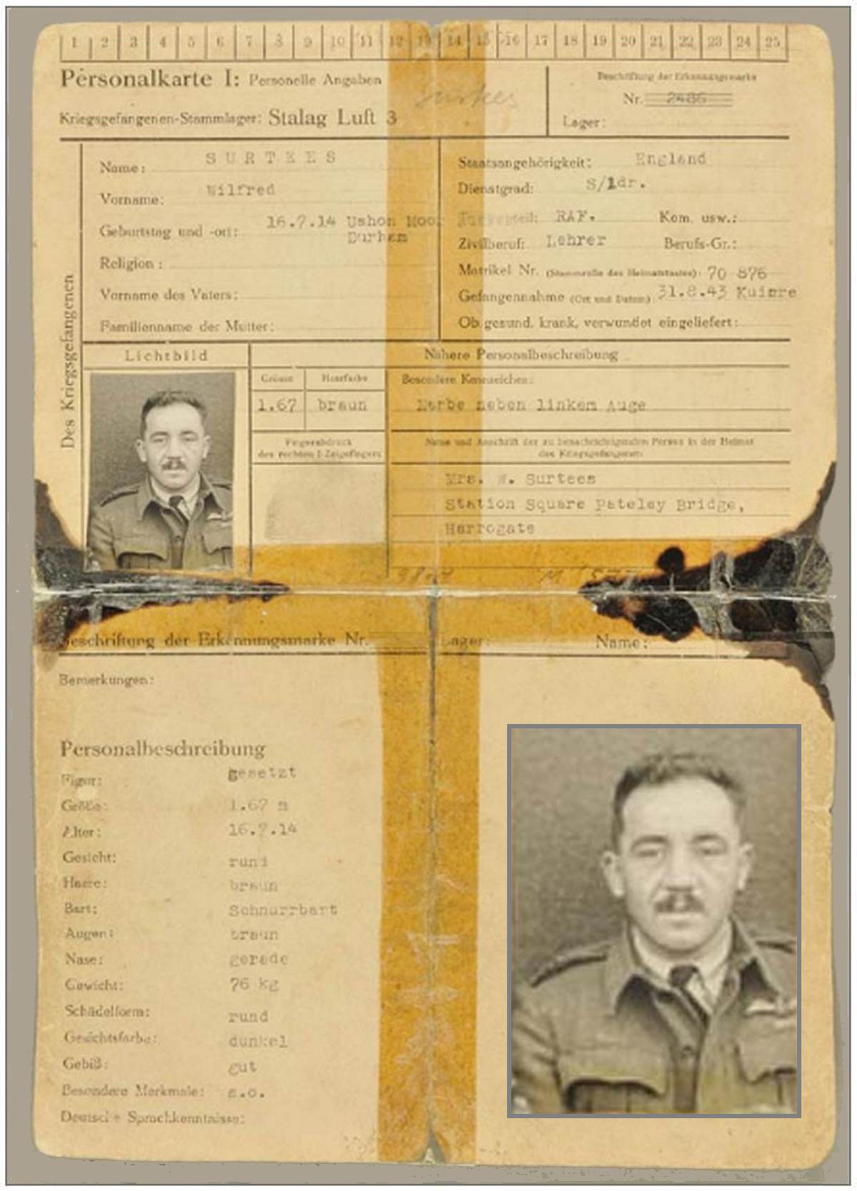 Squadron Leader Rtd. Wilfred 'Butch' Surtees - POW - ID card