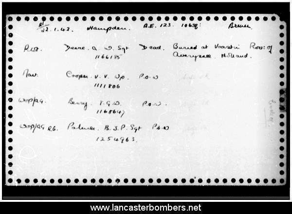 Loss Card - AE123 - ZN-D - Deere - via www.lancasterbombers.net