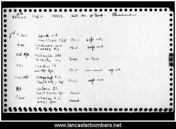 Loss Card - V9993 GV-U - Whisken - via www.lancasterbombers.net