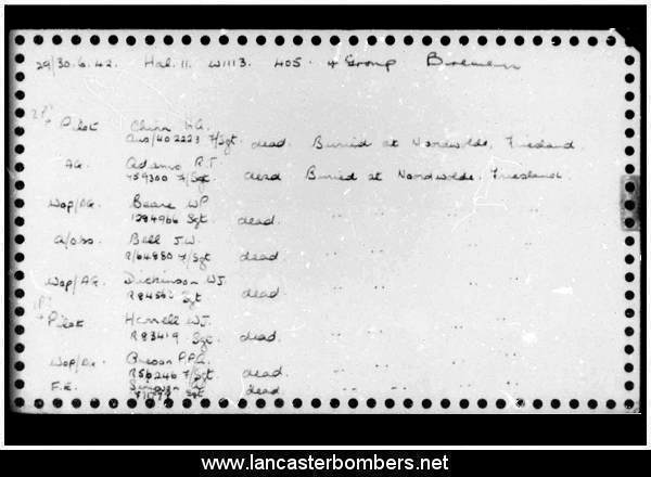 Loss Card - W1113 - LQ-G - Echin - via www.lancasterbombers.net