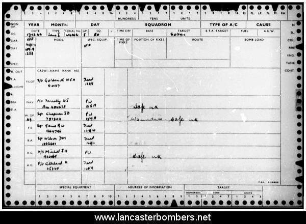 Loss Card - W4266 - VN-N - Goldsmith - via www.lancasterbombers.net