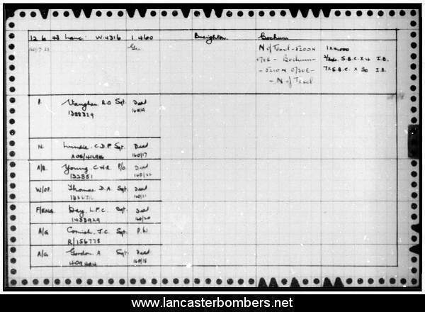 Loss Card - W4316 - AR-Q - Vaughan - via www.lancasterbombers.net