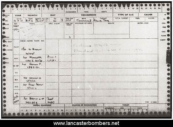 Loss Card - DG405 - MA-Y - Higgins - via www.lancasterbombers.net