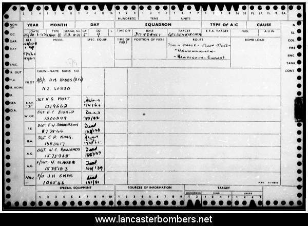 Loss Card - ED831 - WS-Y - Hobbs - via www.lancasterbombers.net