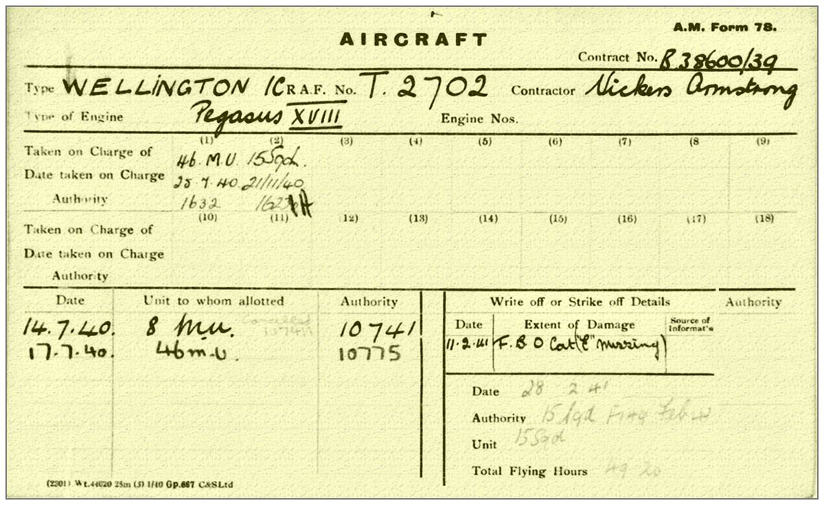 Wellington Mk.Ic - Vickers Armstrong, Weybridge - T2702 - A.M. form 78 - via Dom