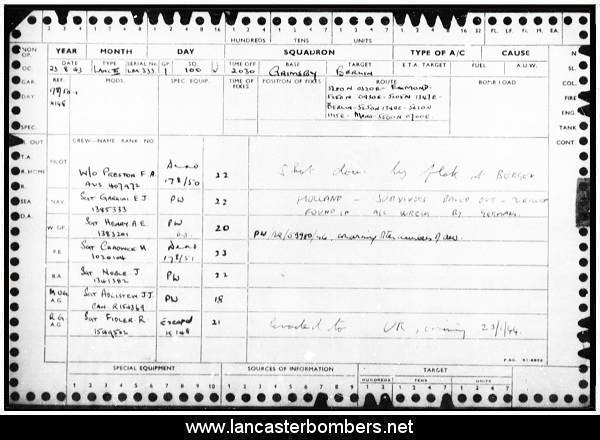 Loss Card - LM333 - HW-V - Preston - via www.lancasterbombers.net