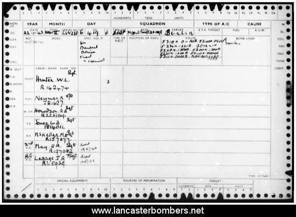 Loss Card - LW231 - VR-F - Hunter - via www.lancasterbombers.net