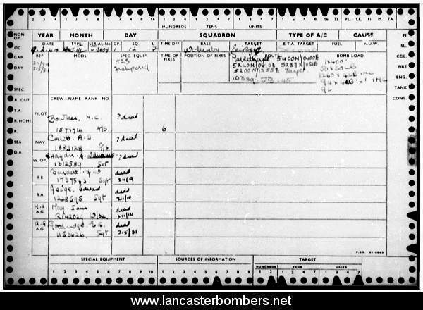 Loss Card - JB609 - PH-F - Bowker - via www.lancasterbombers.net