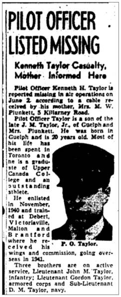 R/80787 - J/7076 - Pilot Officer - Kenneth Henry Taylor - RCAF - newsclip - missing