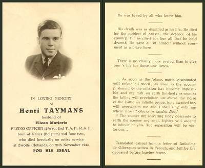Flying Officer - Henri Leon Jean Marie Taymans - In Loving Memory