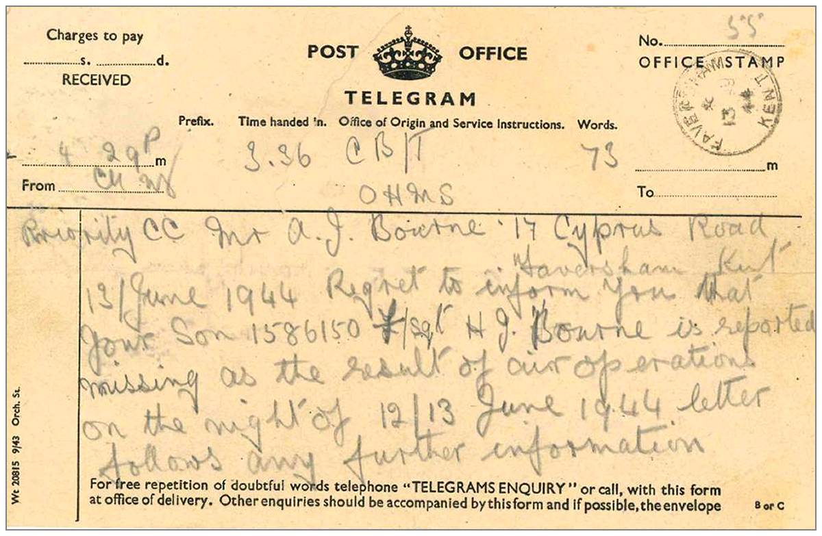 13 Jun 1944 - Telegram - Bourne - Missing