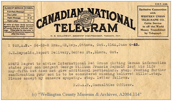 Telegram RCAF to Mr. G. E. Reynolds - 04 Jun 1943