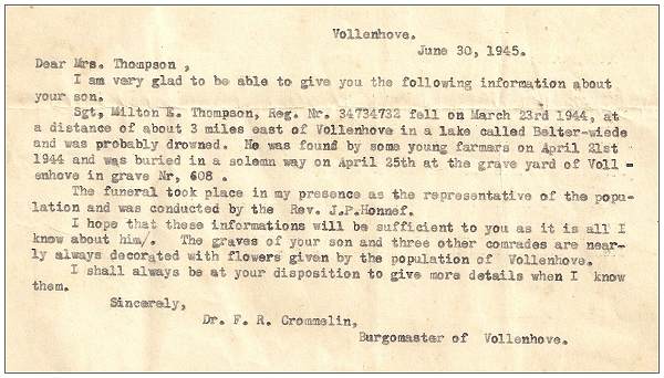 Letter (copy) to Mrs. Mae Thompson - 30 Jun 1945 - by Burgomaster of Vollenhove