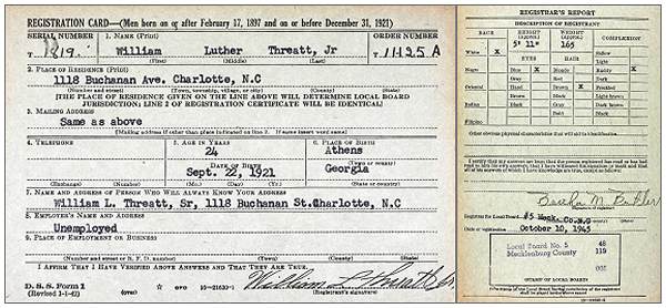 William Luther Threatt Jr. - Georgia, WWII Draft Registration Card - 10 Oct 1945