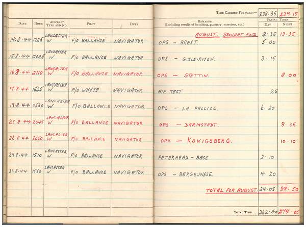 Aug 1944 - Flying Log Book - 1395660 - Flight Sergeant - Navigator - Eric Henry Tunnell - RAFVR