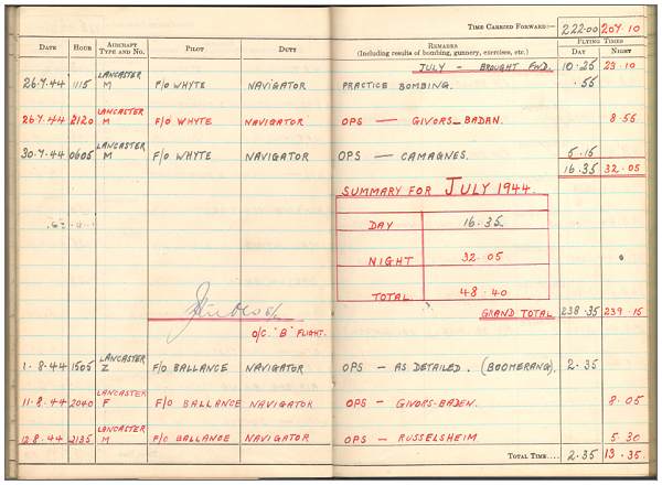 Jul 1944 - Aug 1944 - Flying Log Book - 1395660 - Flight Sergeant - Navigator - Eric Henry Tunnell - RAFVR