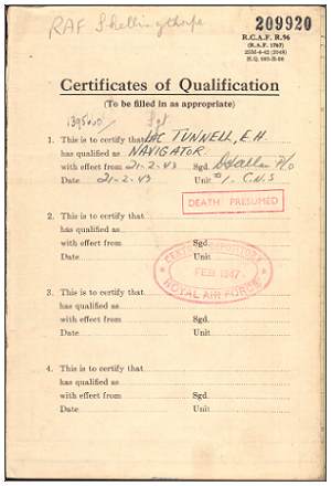 Name - Flying Log Book - 1395660 - Flight Sergeant - Navigator - Eric Henry Tunnell - RAFVR