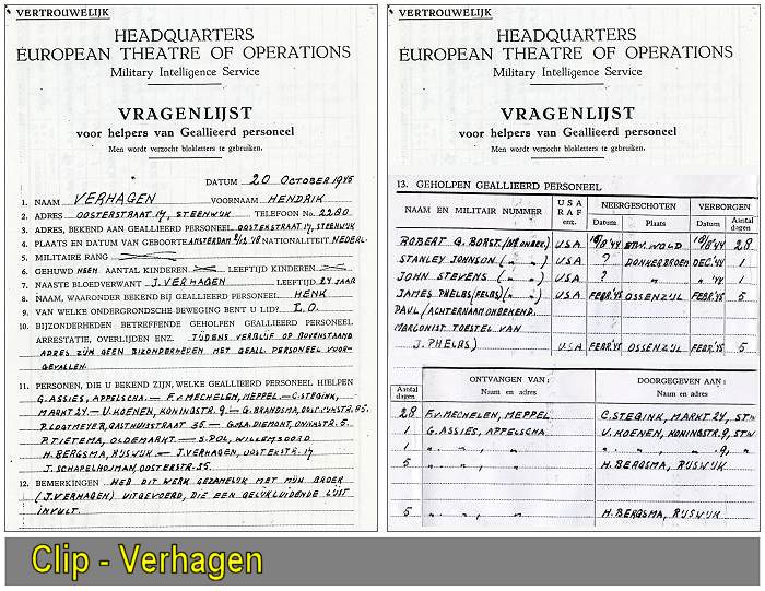 Hendrik 'Henk' Verhagen - 'VRAGENLIJST' - Questionnaire for helpers of Allied Personnel - 20 Oct 1945