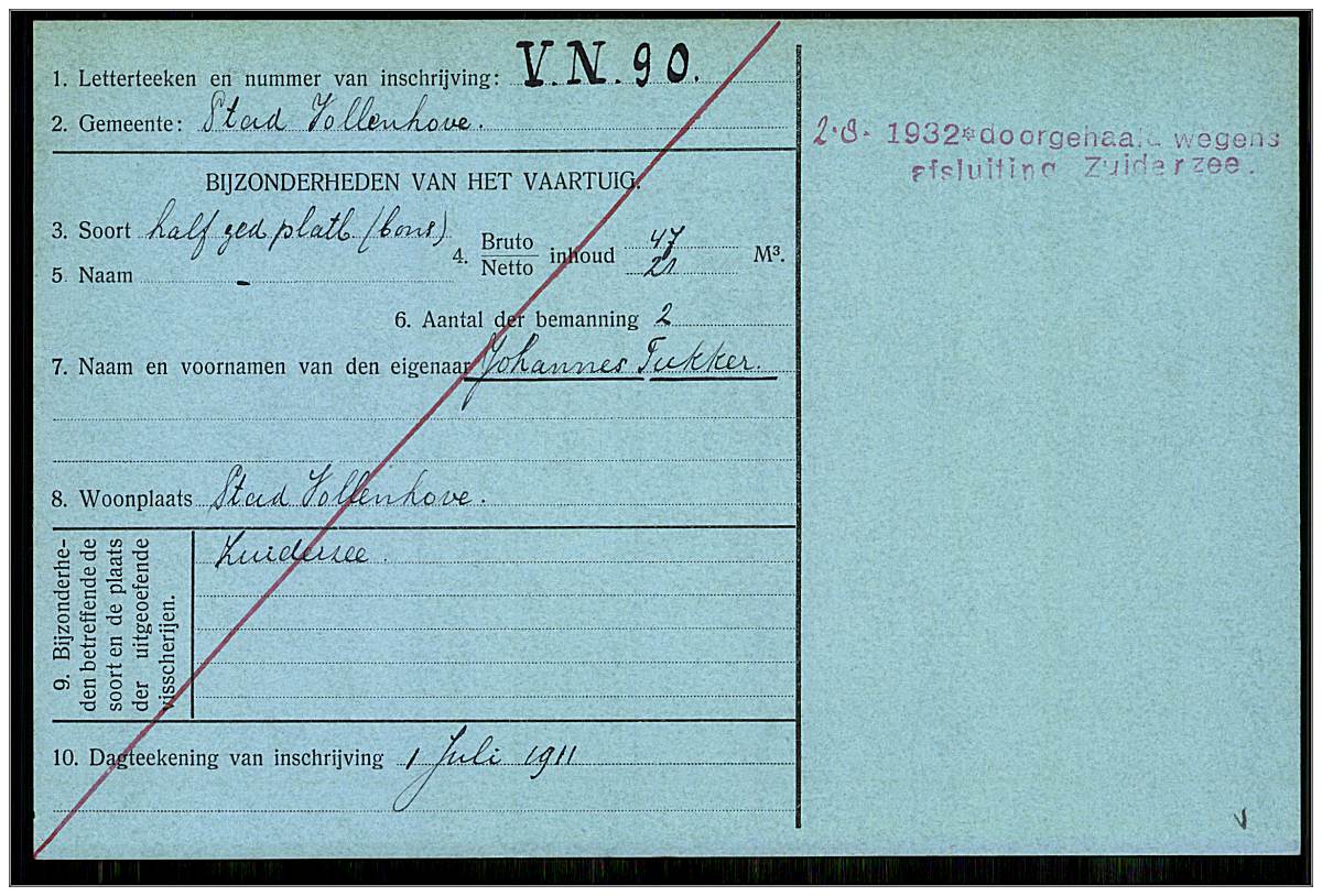 VN90 - Johannes Tukker aka 'Kwart' - Platbodem/Bons - inschrijving visserijregister - 01 July 1911