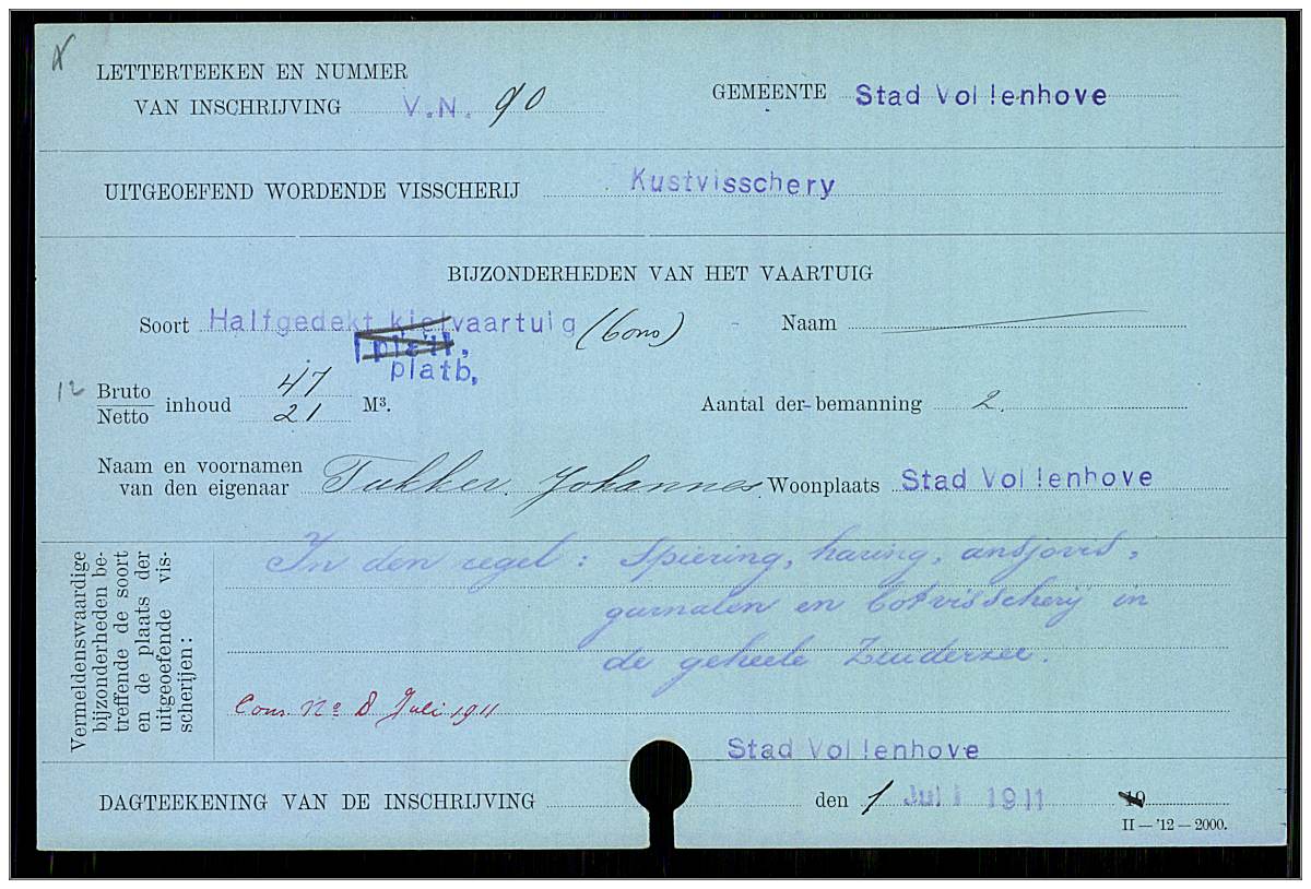 VN90 - Johannes Tukker aka 'Kwart' - Platbodem/Bons - inschrijving visserijregister - 01 July 1911