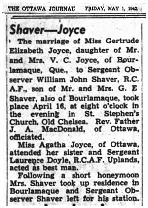 Wedding Shaver-Joyce - The Ottawa Journal, Friday, May 1, 1942