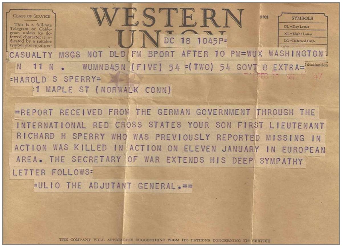 1st Lt. Richard H. Sperry - Western Union Telegram - KIA