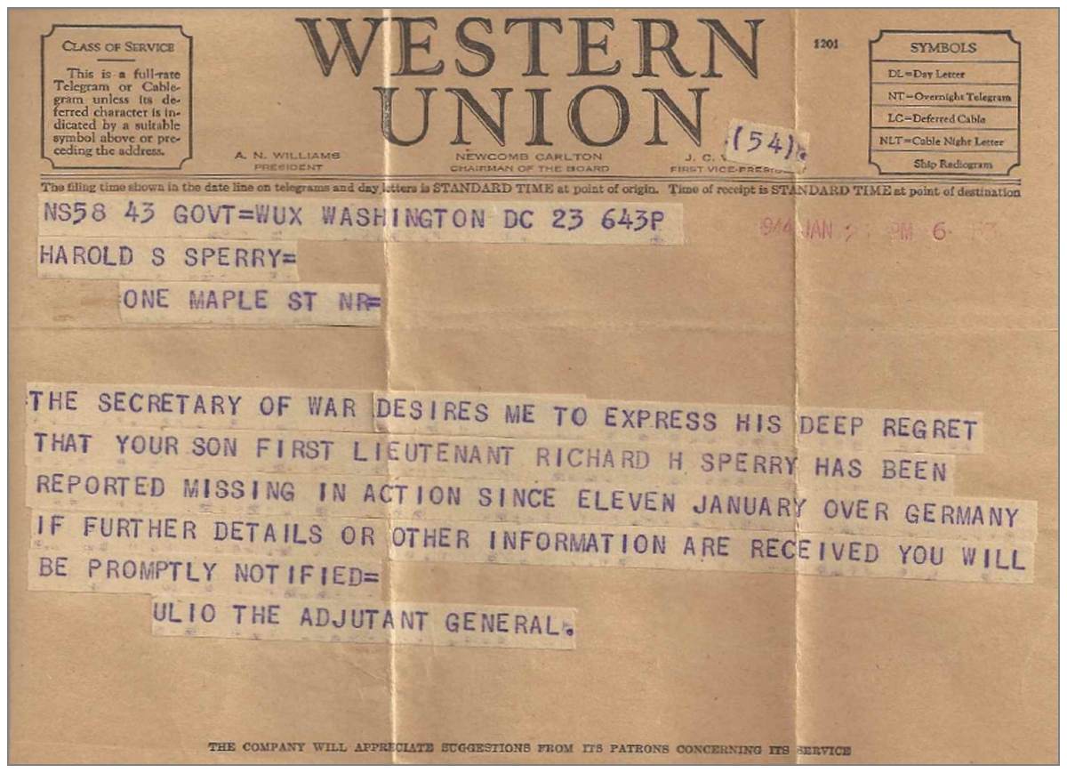 1st Lt. Richard H. Sperry - Western Union Telegram - MIA