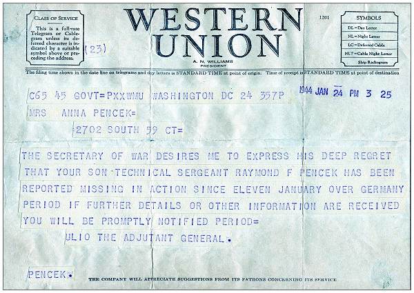 24 Jan 1944 - M.I.A. Telegram - Western Union - to Mrs. Anna Pencek