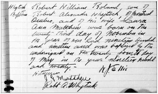 Robert William Roland Whytock - Baptized record - Monday 24 May 1920