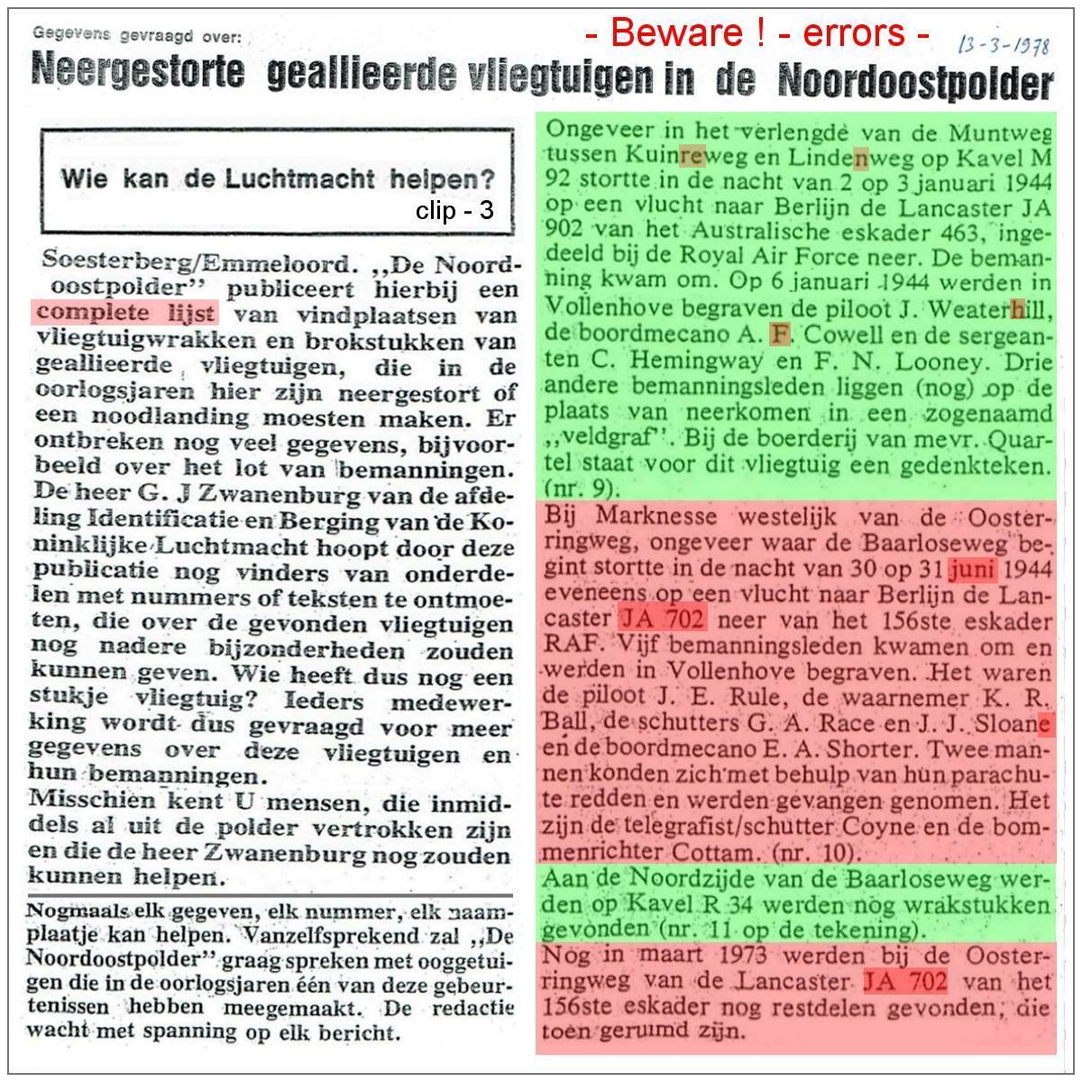 Zwanenburg - 1975 - Lancaster JA702 is given at a wrong location near Marknesse