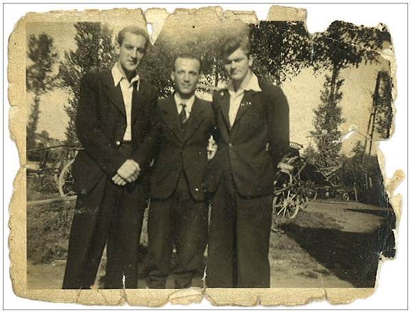 Alan R. Willis (l) and Henry H. Gladys (r) - middle man is likely Belgium Underground - July 1944