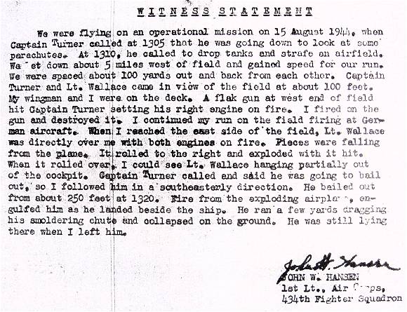 Witness statement - 1st Lt. John W. Hansen