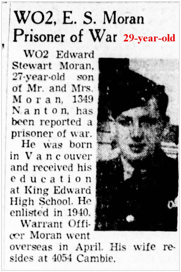 R/74523 - WO2 - Edward Stewart Moran - Prisoner of War - Ted is 29-year-old (born 04 aug 1915)