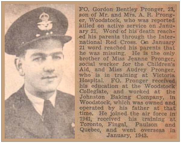 Death Notice - F/O. Gordon Bentley Pronger - Woodstock Sentinel Review