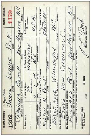 WWII draft registration card - James Lonnie Peck - 16 Oct 1940, Wilmington, NC