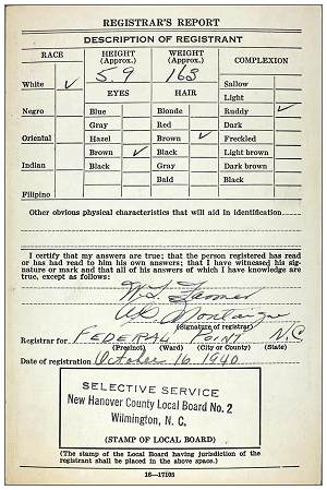 WWII draft registration card - James Lonnie Peck - 16 Oct 1940, Wilmington, NC