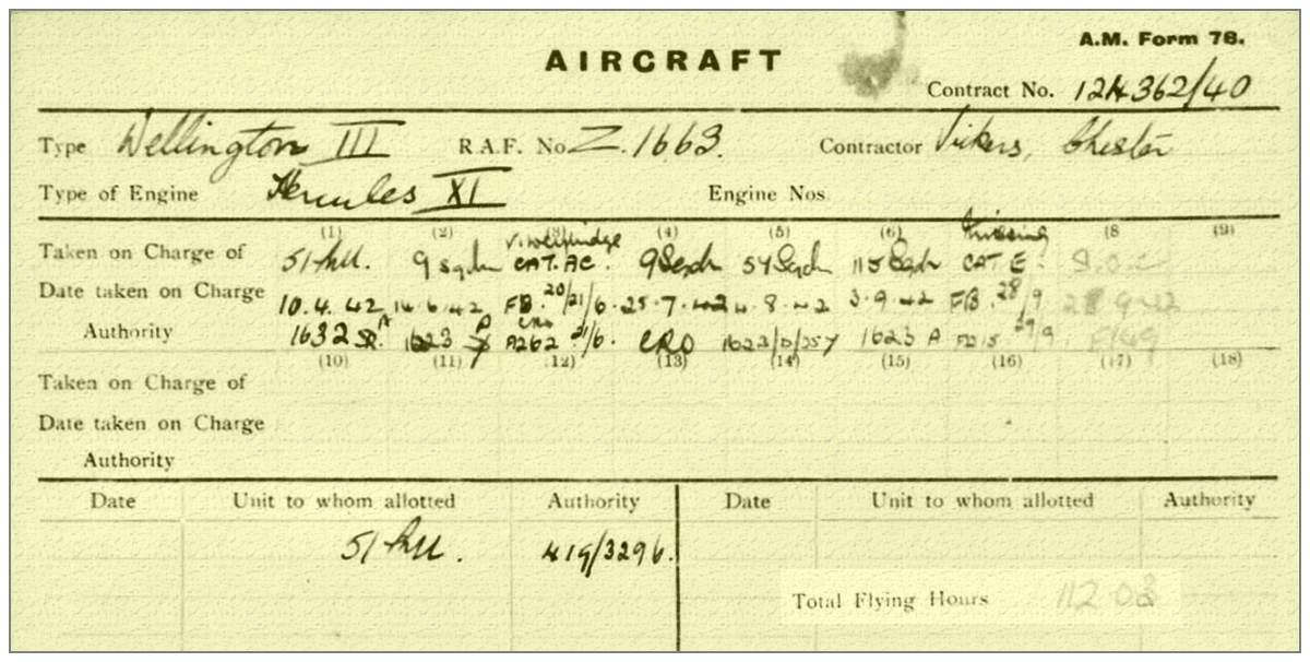 Wellington Mk.III - Vickers Armstrong, Chester - Z1663 - A.M. form 78 - via Dom