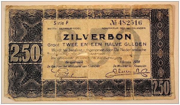 Signed Fl. 2.50 'Zilverbon' banknote of Theodore John de Jongh - 10 March 1944, Dalfsen
